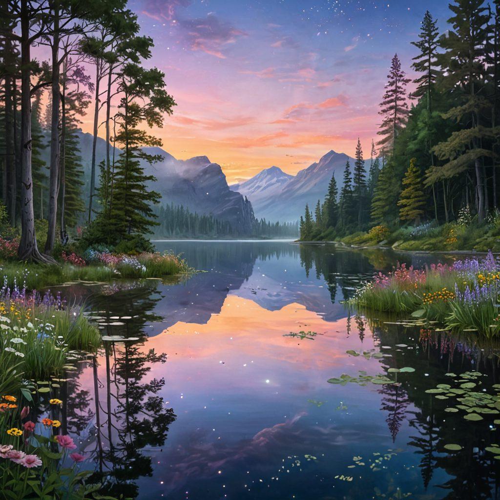 A dreamy landscape featuring a compass resting on a heart-shaped lake, surrounded by vibrant wildflowers and soft pastel skies. INFP elements represented by whimsical, ethereal characters expressing deep affection, embracing under twinkling stars. The scene conveys romance, introspection, and emotional depth. super-realistic. vibrant colors. soft focus.