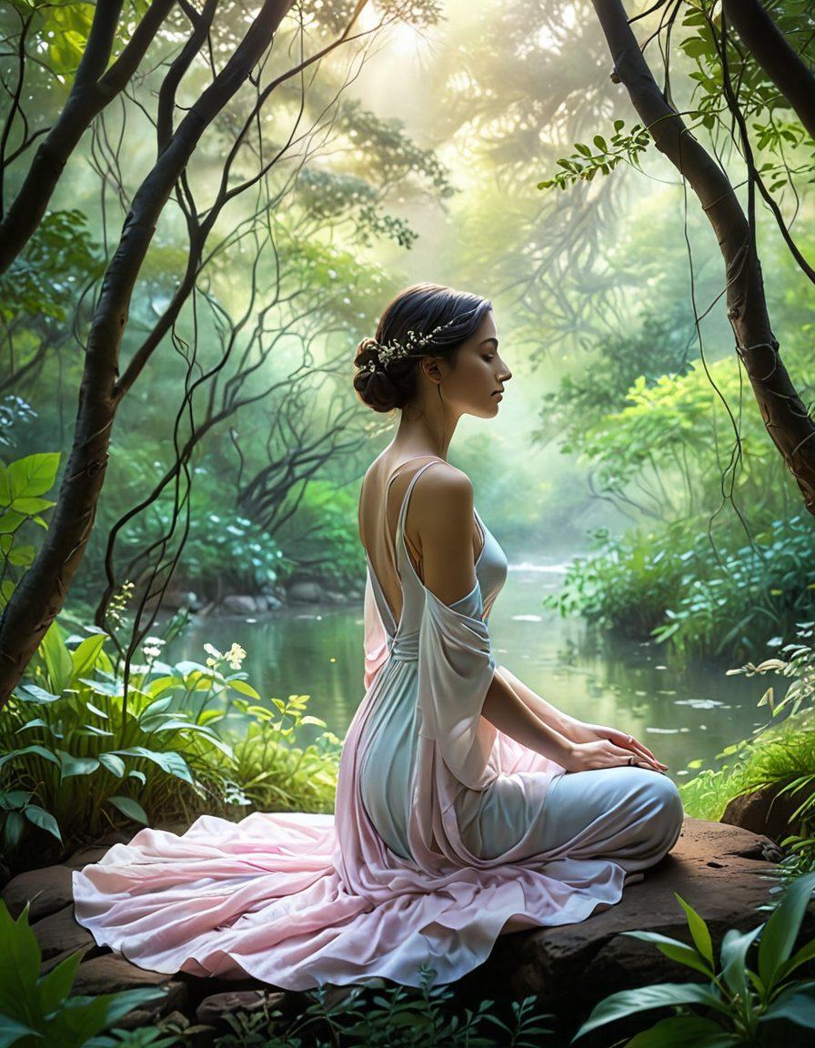 A serene landscape depicting a gentle soul surrounded by nature, symbolizing INFP sensitivity, with soft, pastel colors that evoke warmth and calmness. The figure should be depicted in a meditative pose, with ethereal light radiating from their heart, illustrating personal growth and connection to others. Include abstract elements representing interpersonal dynamics, such as swirling vines or fluid shapes that intertwine with the environment. Envision a dreamy atmosphere with soft-focus effects. ethereal art style. pastel colors. soft focus.