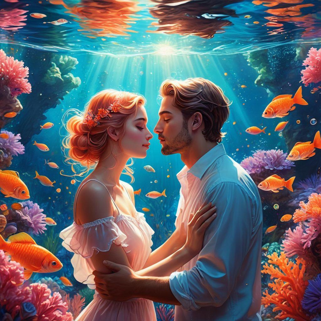 A dreamy illustration of a serene underwater scene, featuring an INFP couple embracing, surrounded by colorful coral reefs and whimsical fish, conveying deep emotional connection. Soft light rays penetrate the water, casting a warm glow on the couple's faces, symbolizing romance and authenticity. Ethereal bubbles rise around them, enhancing the magical atmosphere. The colors should be vibrant and inviting, evoking a sense of passion and exploration. fantasy art. vibrant colors. 3D.